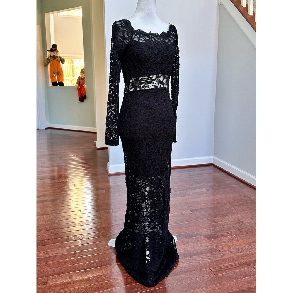 Vintage 2000s Jump Apparel Cutout Black Lace Off the Shoulder Sexy Formal Gown - Picture 6 of 11